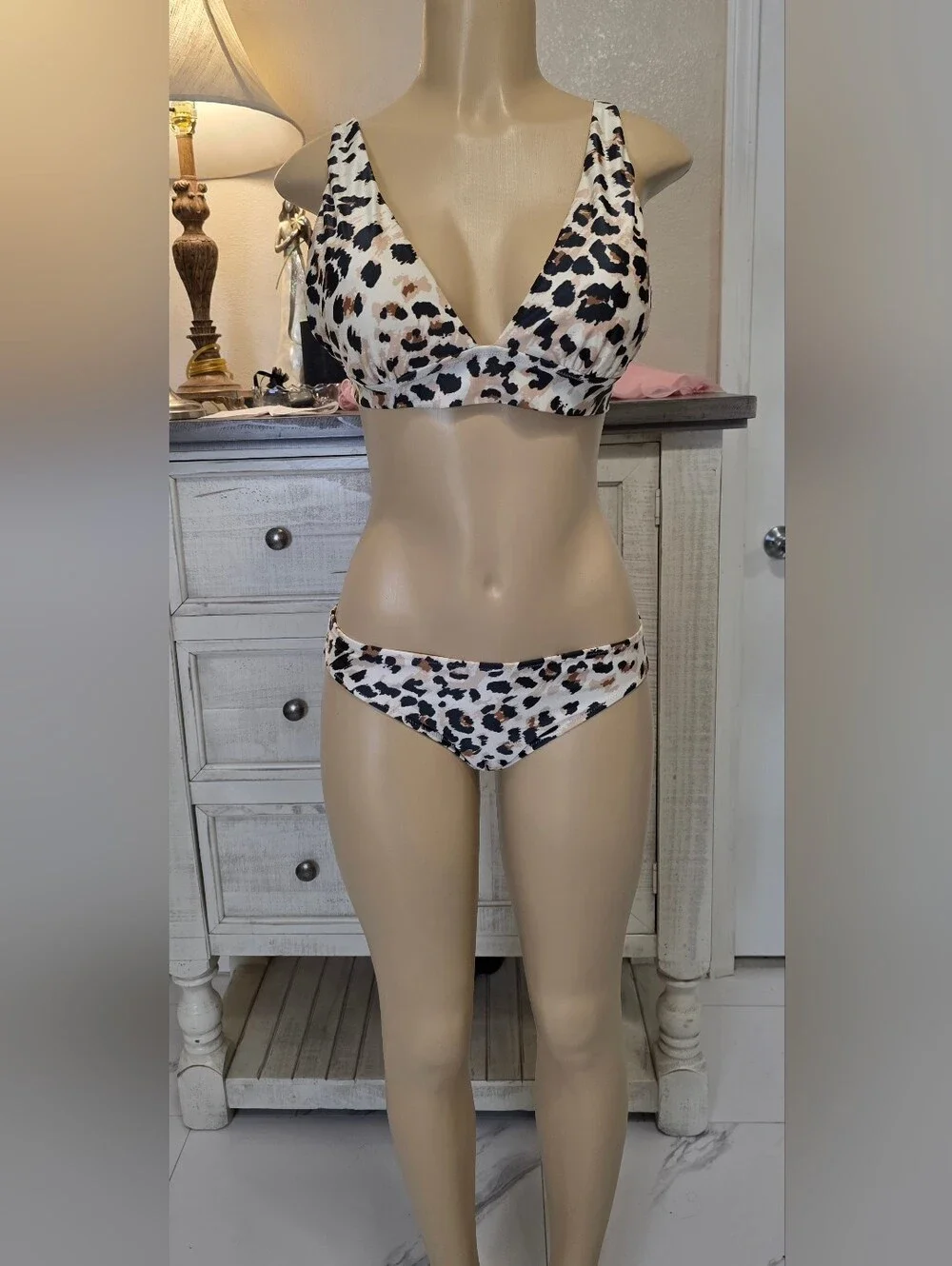Aerie Leopard Print V-Neck Bikini Top and Bottom - Beige/Black - Picture 5 of 6